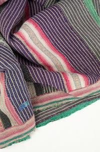 One off vintage kantha quilt Suri featuringdeep purple and white stripes, charcoal on pale blue braid and pink and white stripes, with soft emerald green on the reverse.