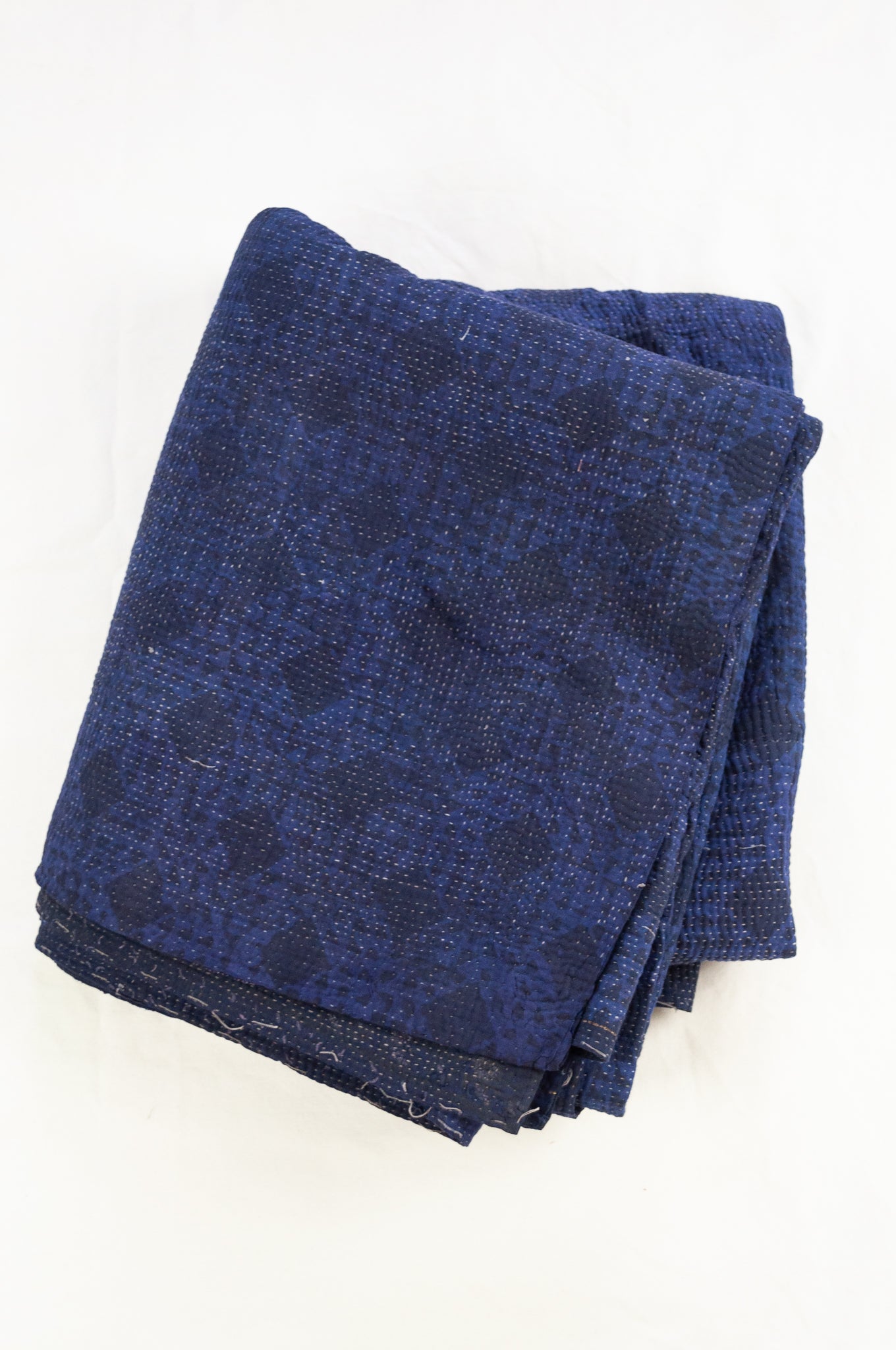 VIntage kantha quilt, overdyed in natural indigo using mud resist blockprint, checks and dots.
