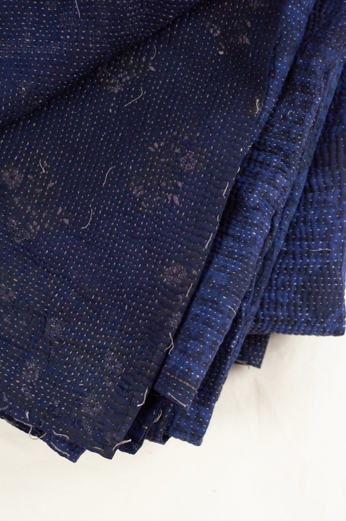 VIntage kantha quilt, overdyed in natural indigo using mud resist blockprint, checks and dots.