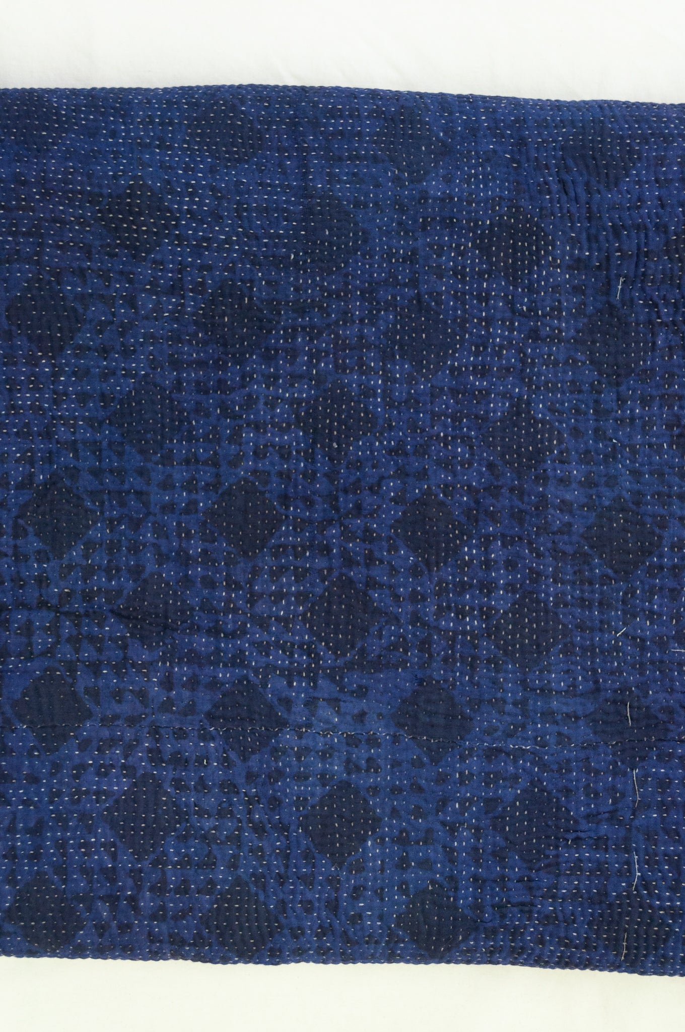 VIntage kantha quilt, overdyed in natural indigo using mud resist blockprint, checks and dots.