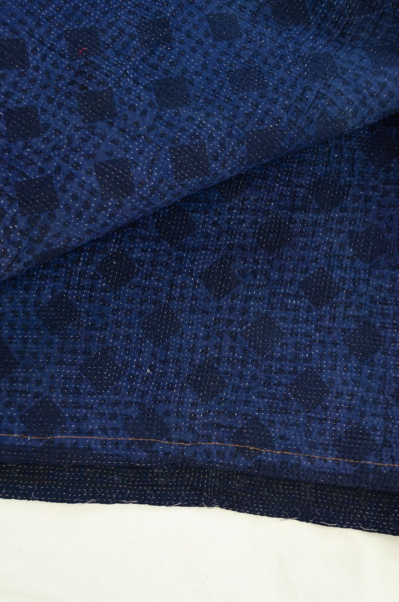 VIntage kantha quilt, overdyed in natural indigo using mud resist blockprint, checks and dots.