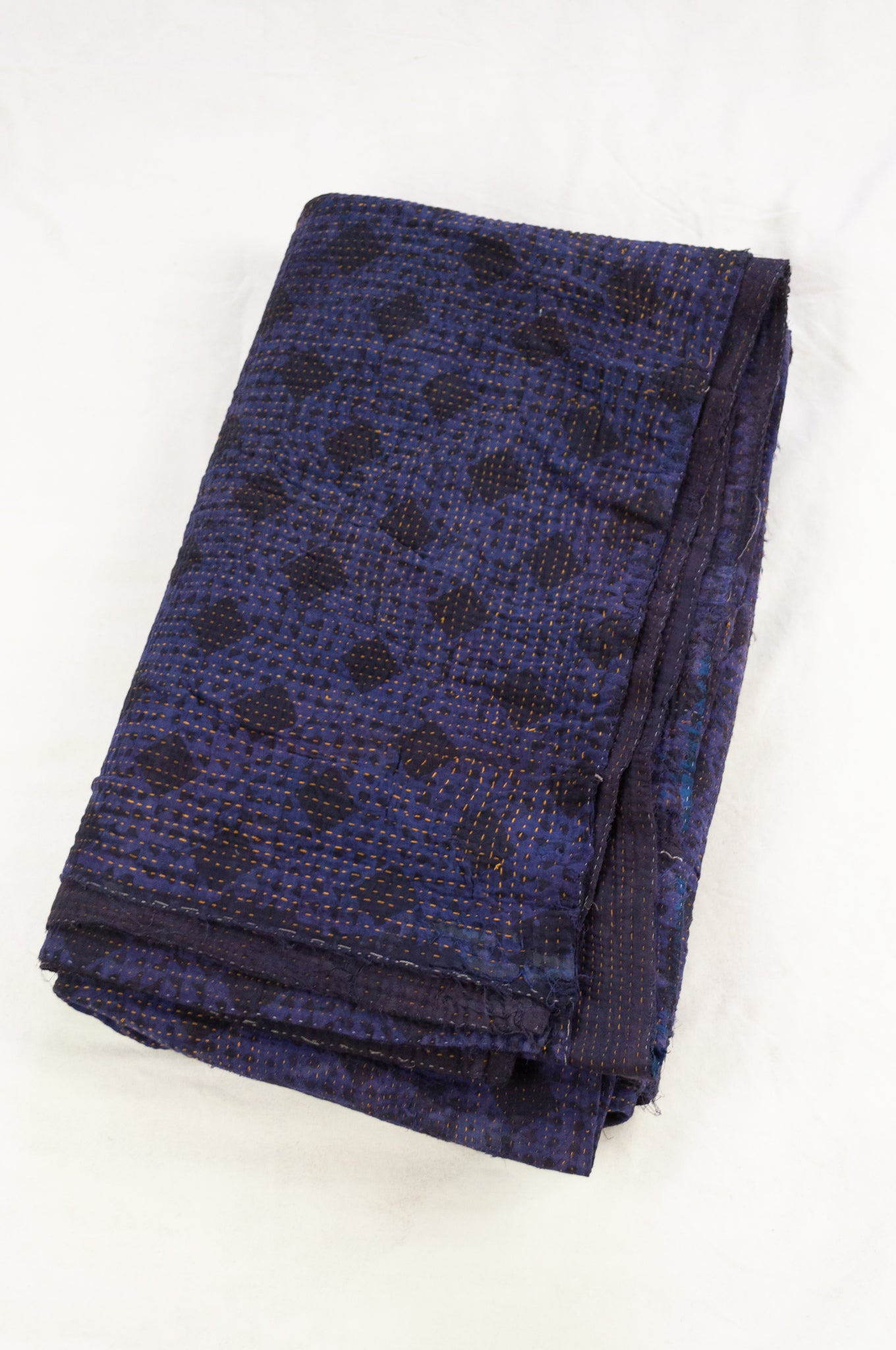 VIntage kantha quilt, overdyed in natural indigo using mud resist blockprint, checks and dots.
