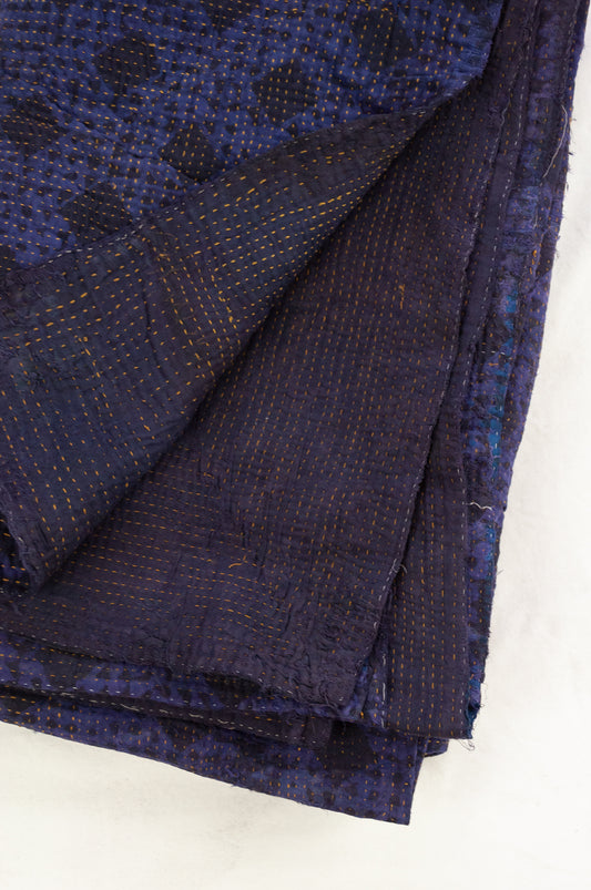 VIntage kantha quilt, overdyed in natural indigo using mud resist blockprint, checks and dots.