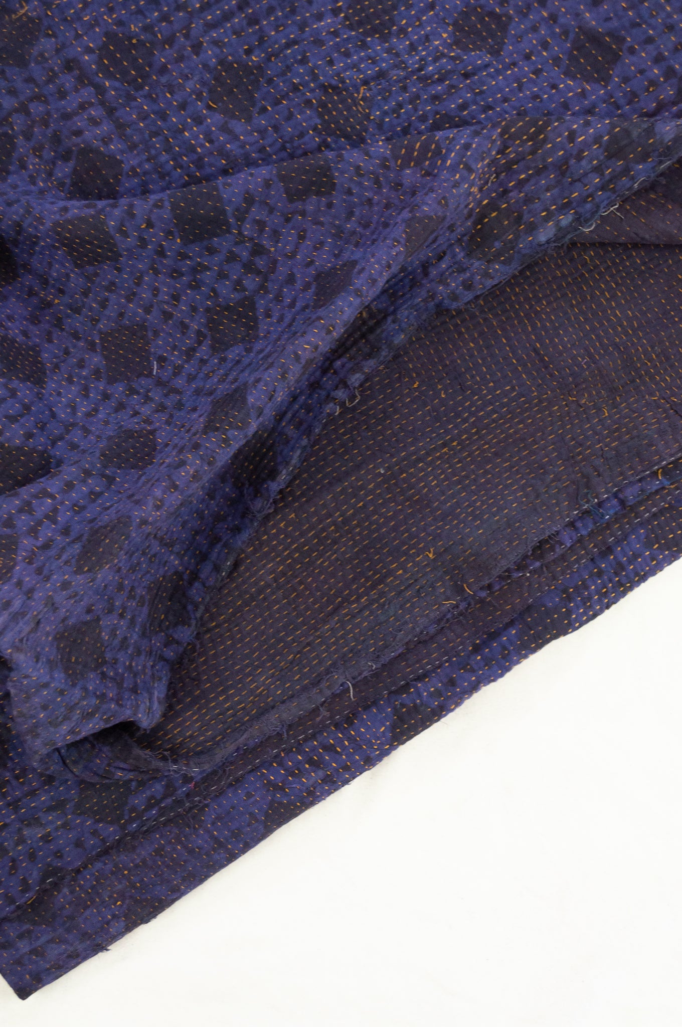 VIntage kantha quilt, overdyed in natural indigo using mud resist blockprint, checks and dots.