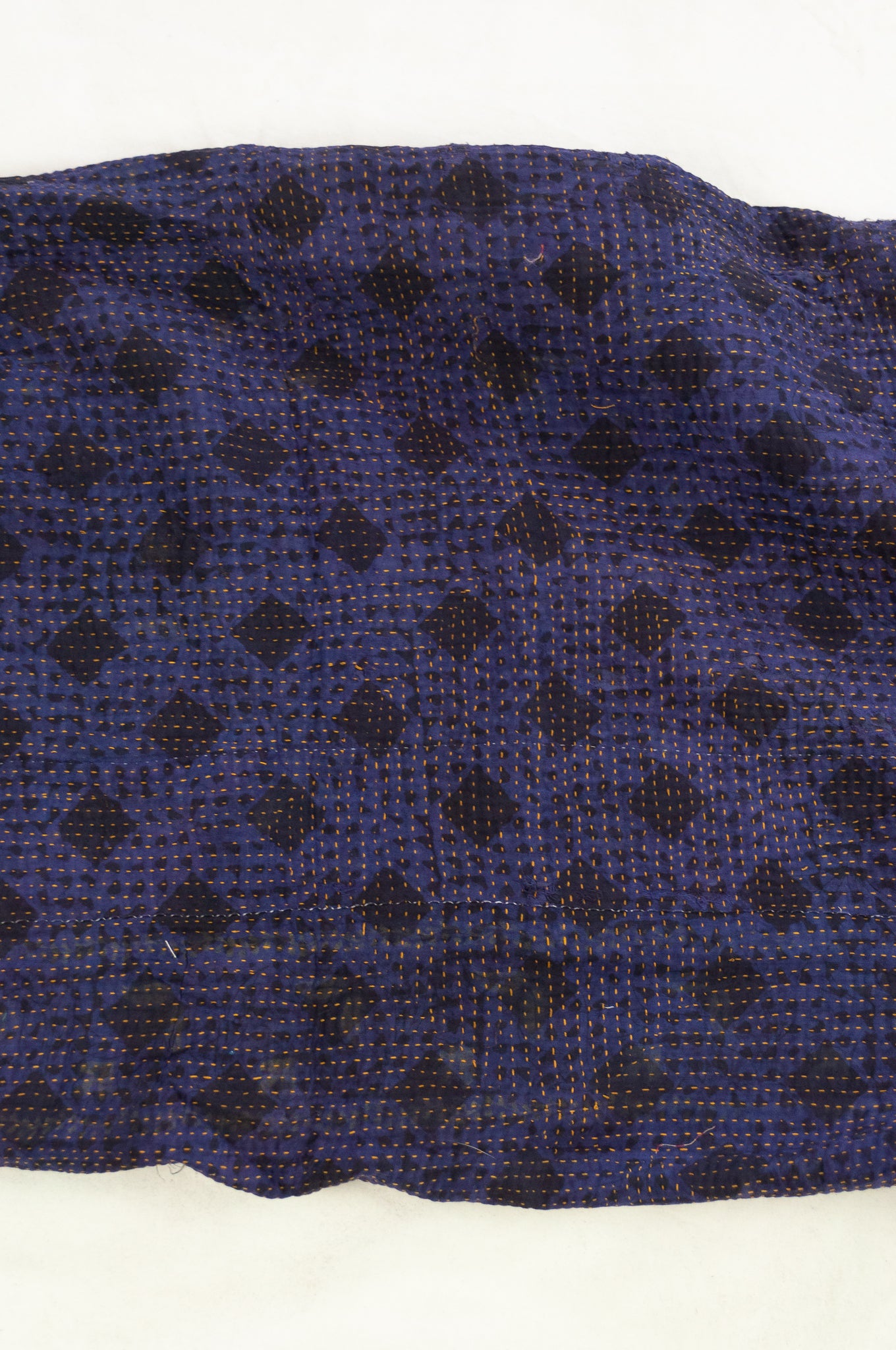 VIntage kantha quilt, overdyed in natural indigo using mud resist blockprint, checks and dots.