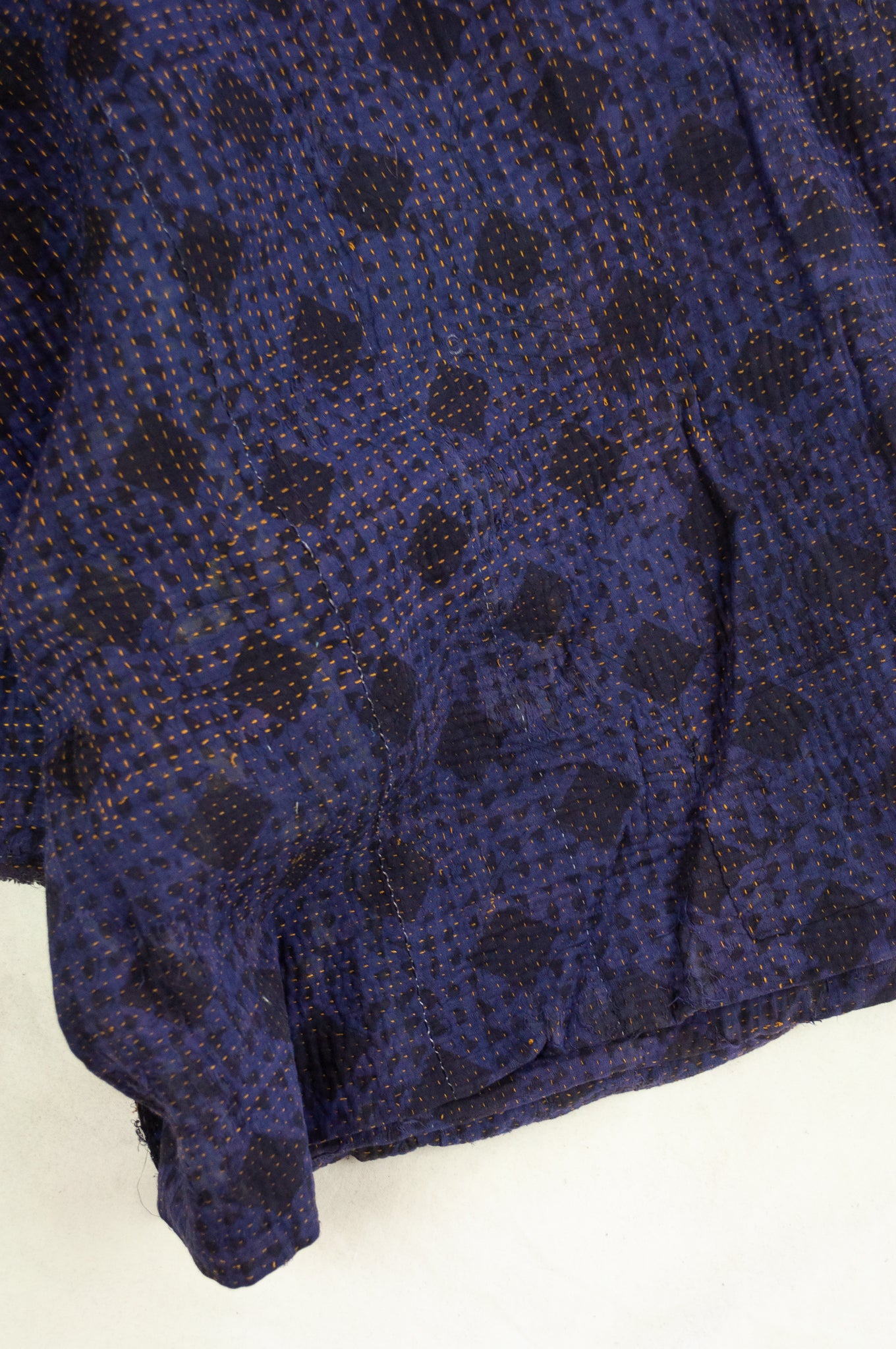 VIntage kantha quilt, overdyed in natural indigo using mud resist blockprint, checks and dots.