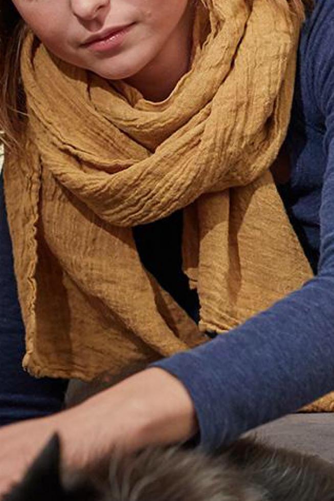 Couleur Chanvre pure hemp made in France carre long scarf in cumin mustard yellow.