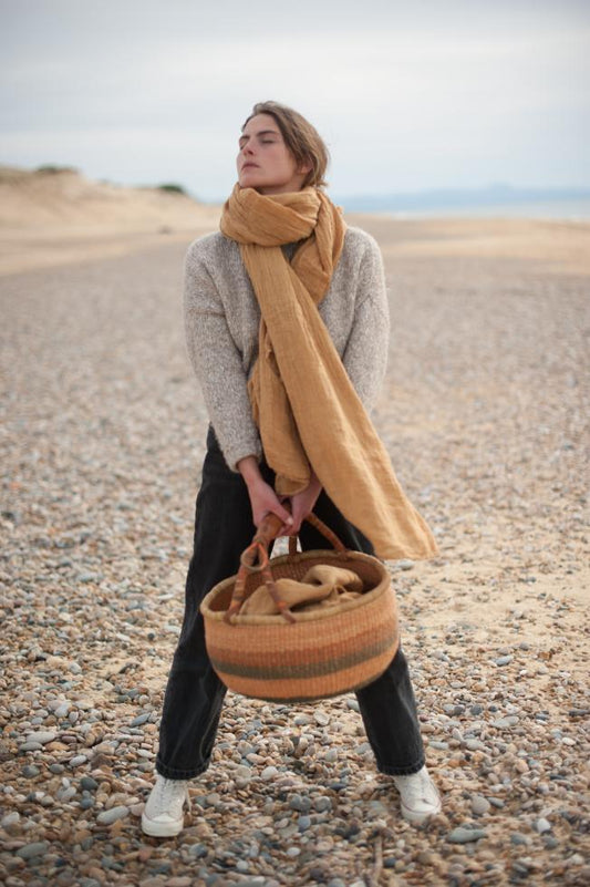 Couleur Chanvre made in France pure hemp stole in cumin, soft gold, yellow, mustard.