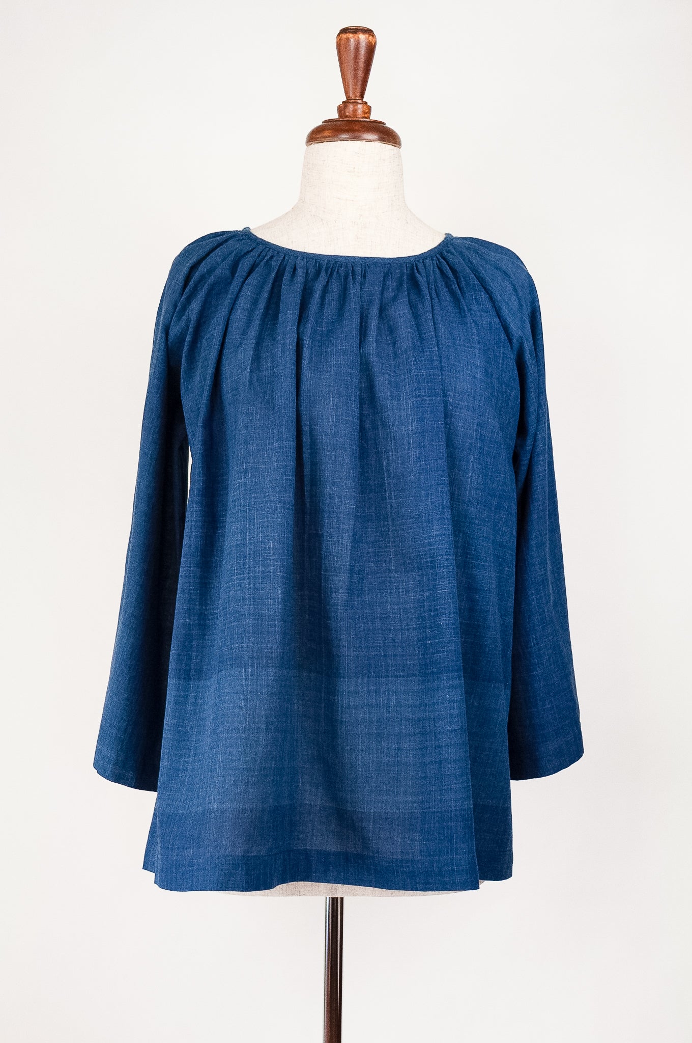 Juniper Hearth Yuka top, Japanese style smock top in handloom handwoven indigo dyed cotton, gathered neck, long sleeve, loose fitting one size smock.