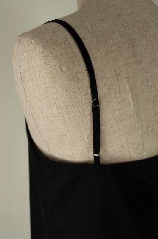 Ladies pure cotton voile full slip or petticoat, showing detail of adjustable straps in black.