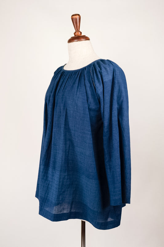 Juniper Hearth Yuka top, Japanese style smock top in handloom handwoven indigo dyed cotton, gathered neck, long sleeve, loose fitting one size smock.