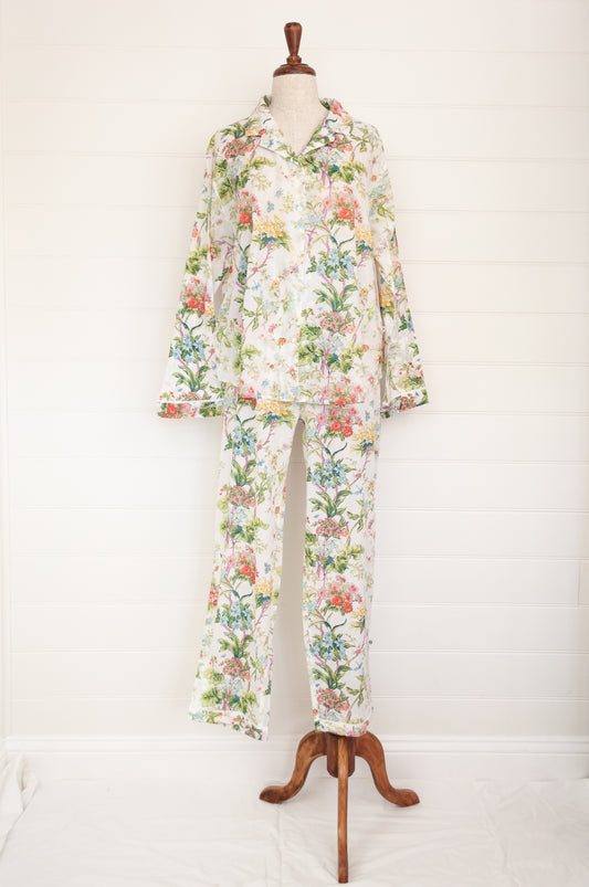 Juniper Hearth ethically made cotton voile full length pyjamas, beautiful colourful floral print on vanilla white background.