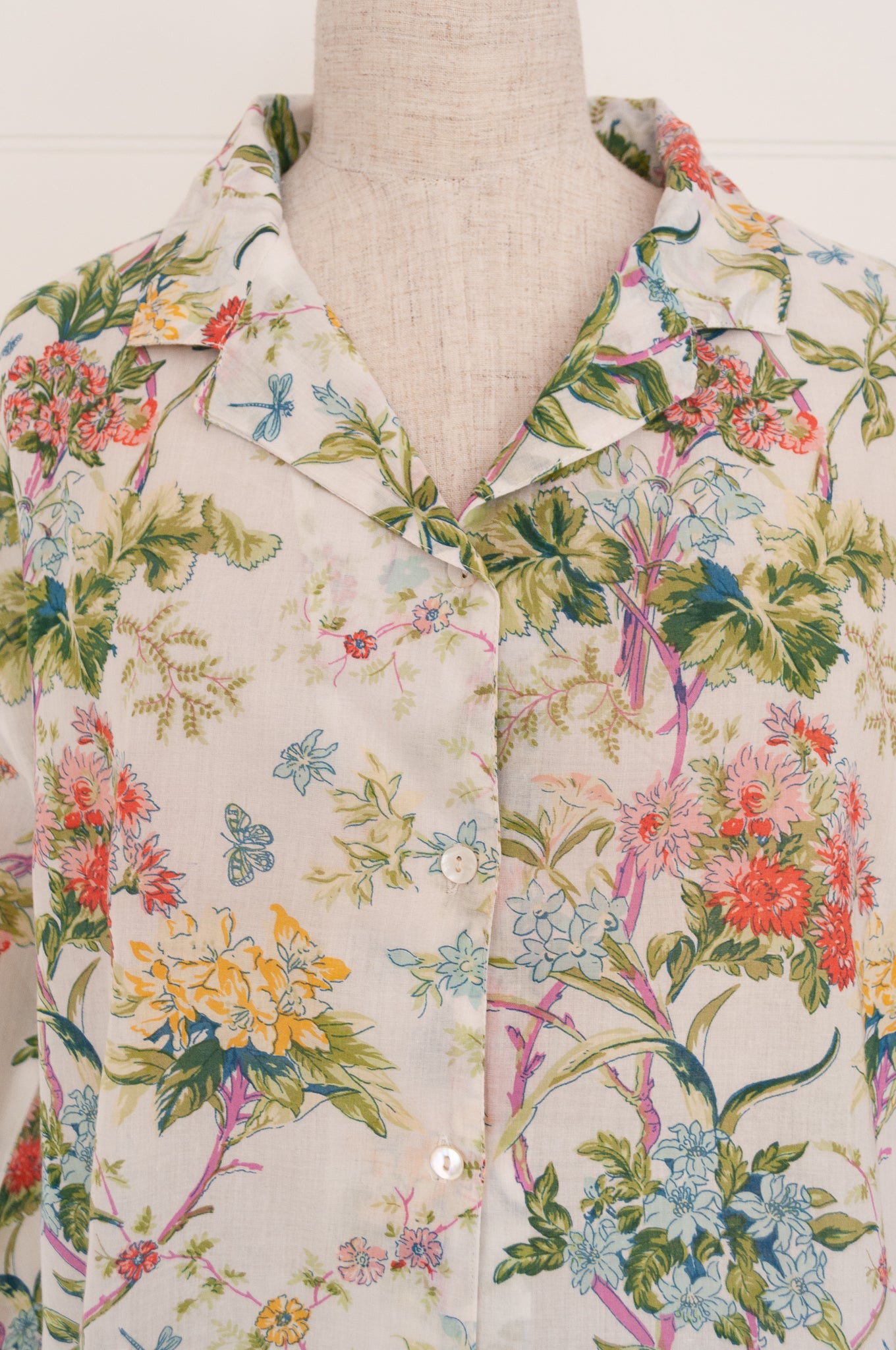 Juniper Hearth ethically made cotton voile full length pyjamas, beautiful colourful floral print on vanilla white background.