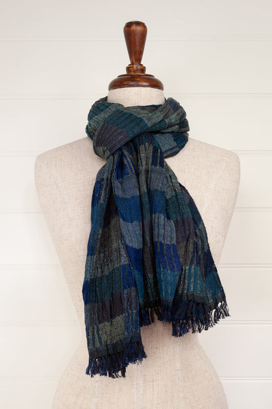 Djian Collection handwoven silk scarf, stripes in shades of blue and charcoal.