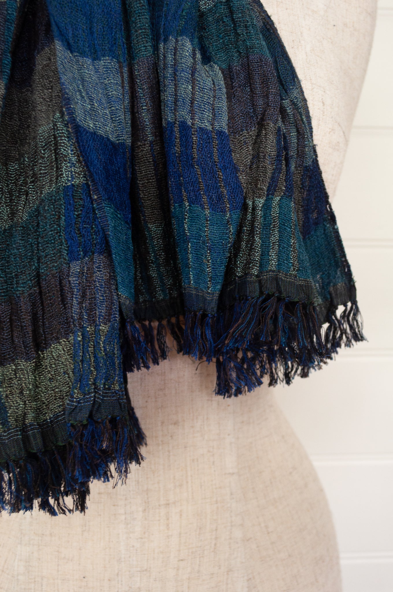 Djian Collection handwoven silk scarf, stripes in shades of blue and charcoal.