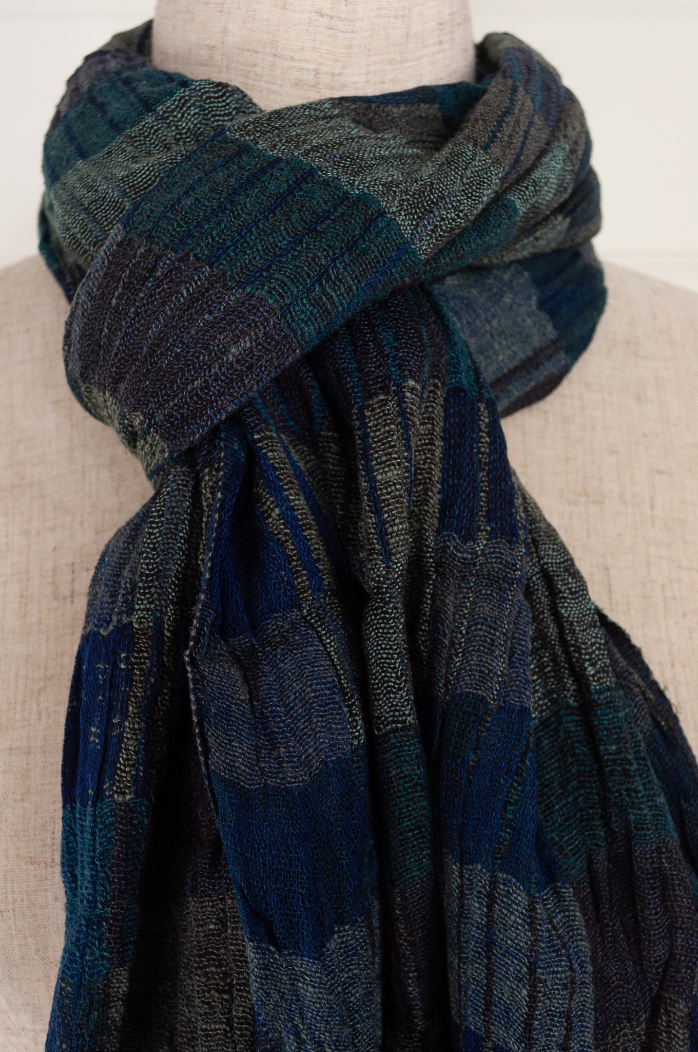 Djian Collection handwoven silk scarf, stripes in shades of blue and charcoal.