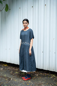Runaway Bicycle handloom silk Lucy dress with applique waist detail. In charcoal.