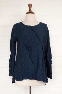 Kimberley Tonkin the label made in Sydney crinkle linen Millie top with pleat details in indigo blue.