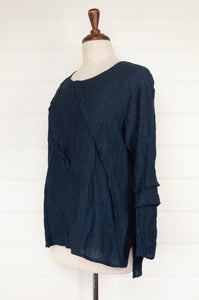 Kimberley Tonkin the label made in Sydney crinkle linen Millie top with pleat details in indigo blue.