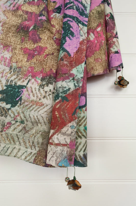 Yavï fine pure cotton impressionist print square scarf, floral print in pink, turquoise and ecru.