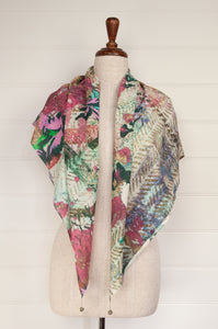Yavï fine pure cotton impressionist print square scarf, floral print in pink, turquoise and ecru.
