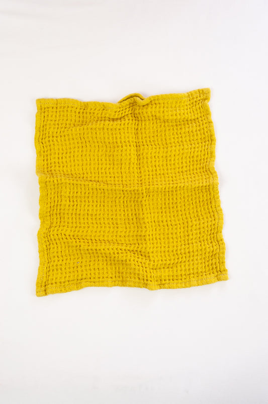 Waffle weave pure linen wash cloth face cloth. In citrine, mustard yellow.