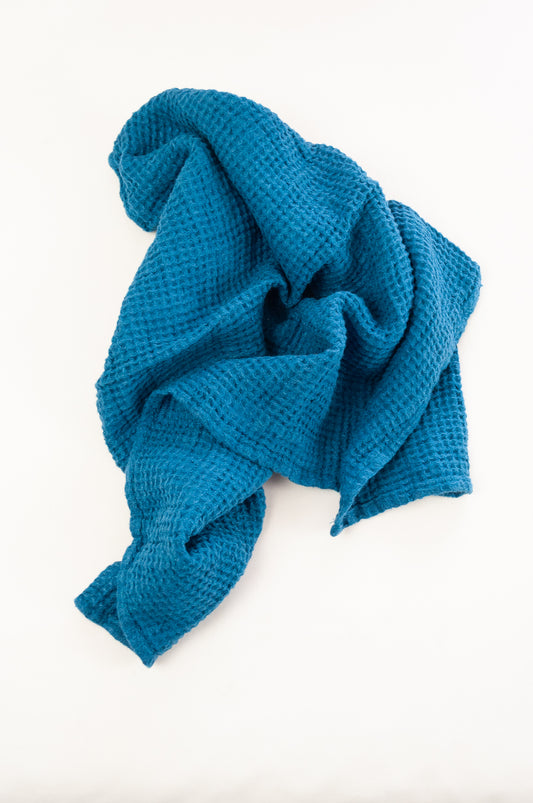 Waffle weave pure linen hand towel, made in Lithuania. In teal blue.