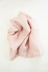 Waffle weave pure linen hand towel, made in Lithuania. In pale rose pink.
