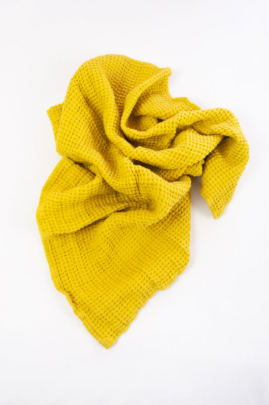 Waffle weave pure linen hand towel, made in Lithuania. In citrine, mustard yellow.