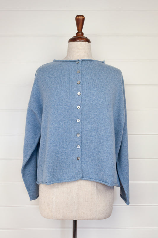 One size reversible cardigan ethically made in Nepal from 100% pure cashmere, in sky blue.