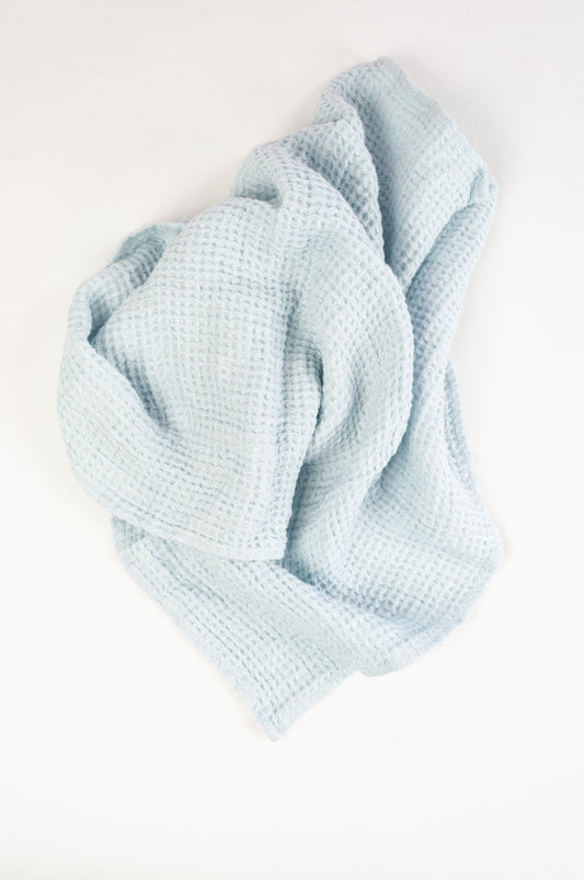 Waffle weave pure linen tea towel, made in Lithuania. In ice blue.