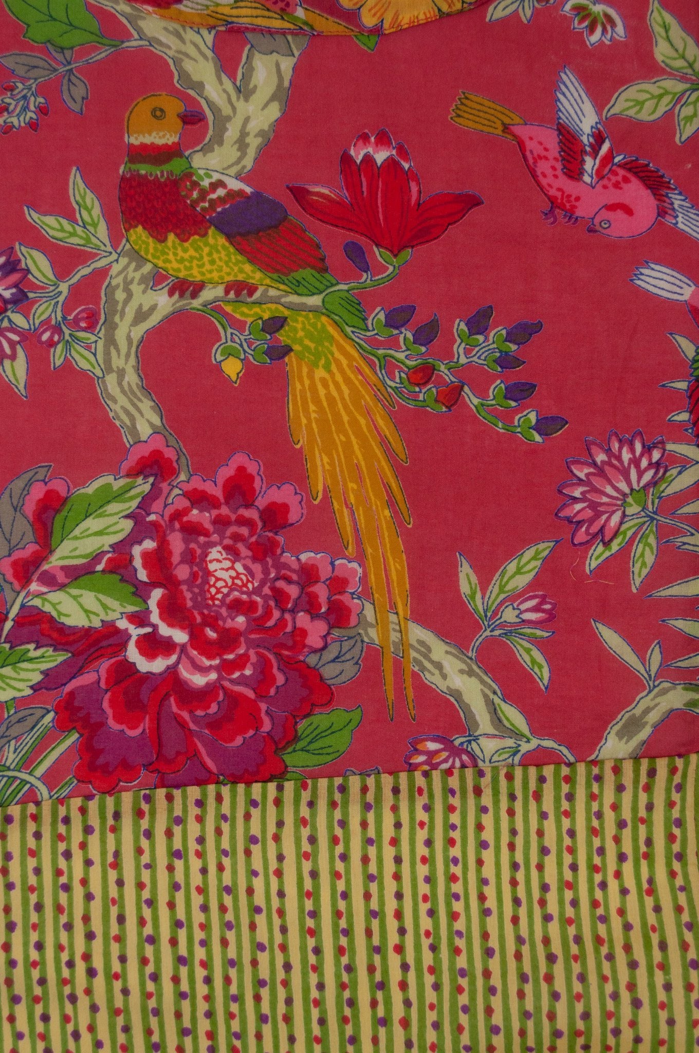 Cotton voile kimono robe dressing gown in coral bird print with yellow trim, fabric detail.