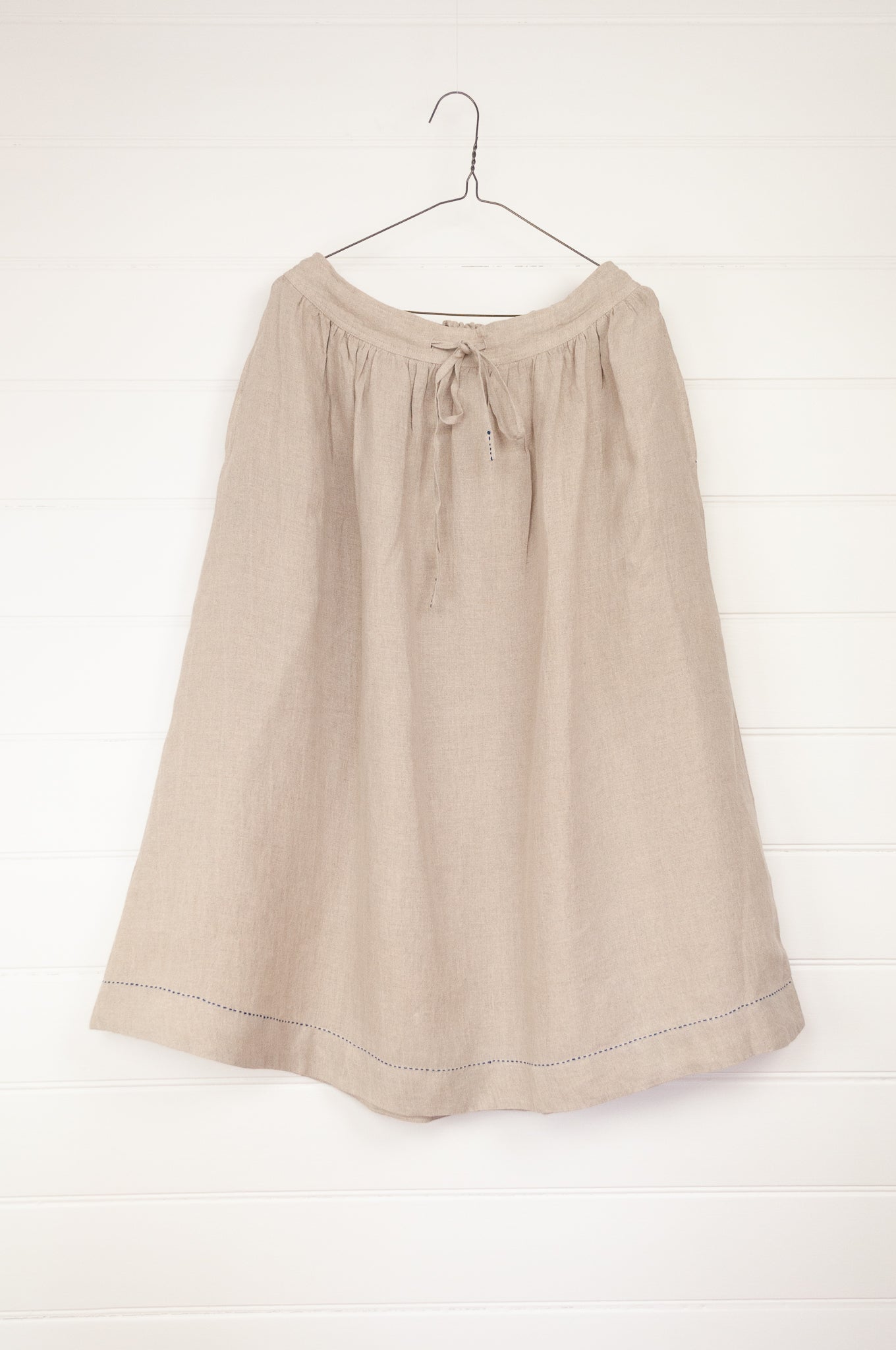 DVE Collection handloom natural linen one size Isha skirt, drawstring and elastic waist, side pockets.