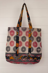 Vintage kantha tote bag, made from recycled cotton saris, in black, white and red.