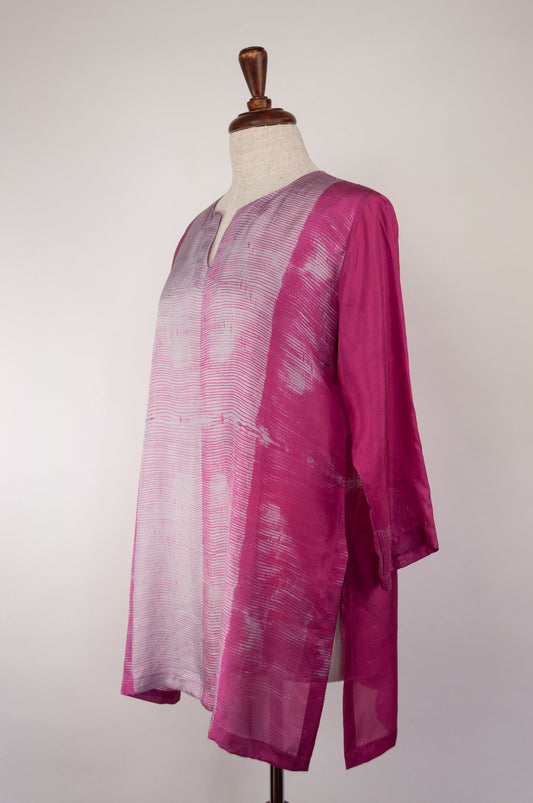 Pure silk shibori dyed kurta top in raspberry pink and silver grey.