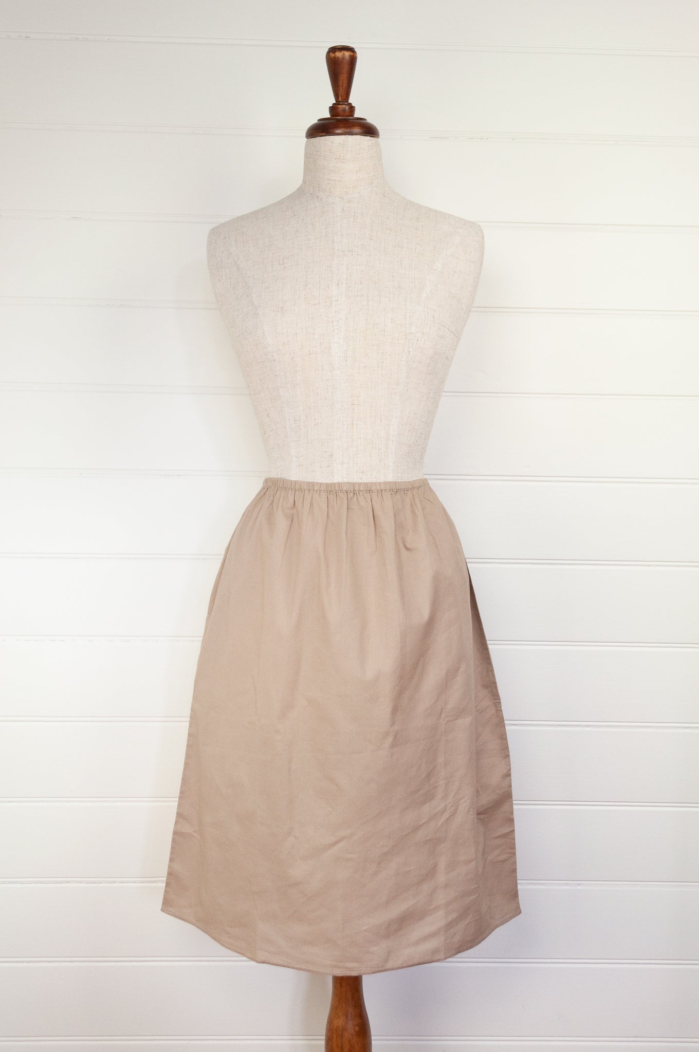 Knee length cotton voile half slip, elastic waist. In natural.
