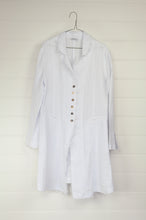 Load image into Gallery viewer, Banana Blue long jacket duster coat in 100% European white linen, long sleeves half button up and fringed edges.