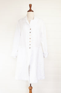 Banana Blue long jacket duster coat in 100% European white linen, long sleeves half button up and fringed edges.