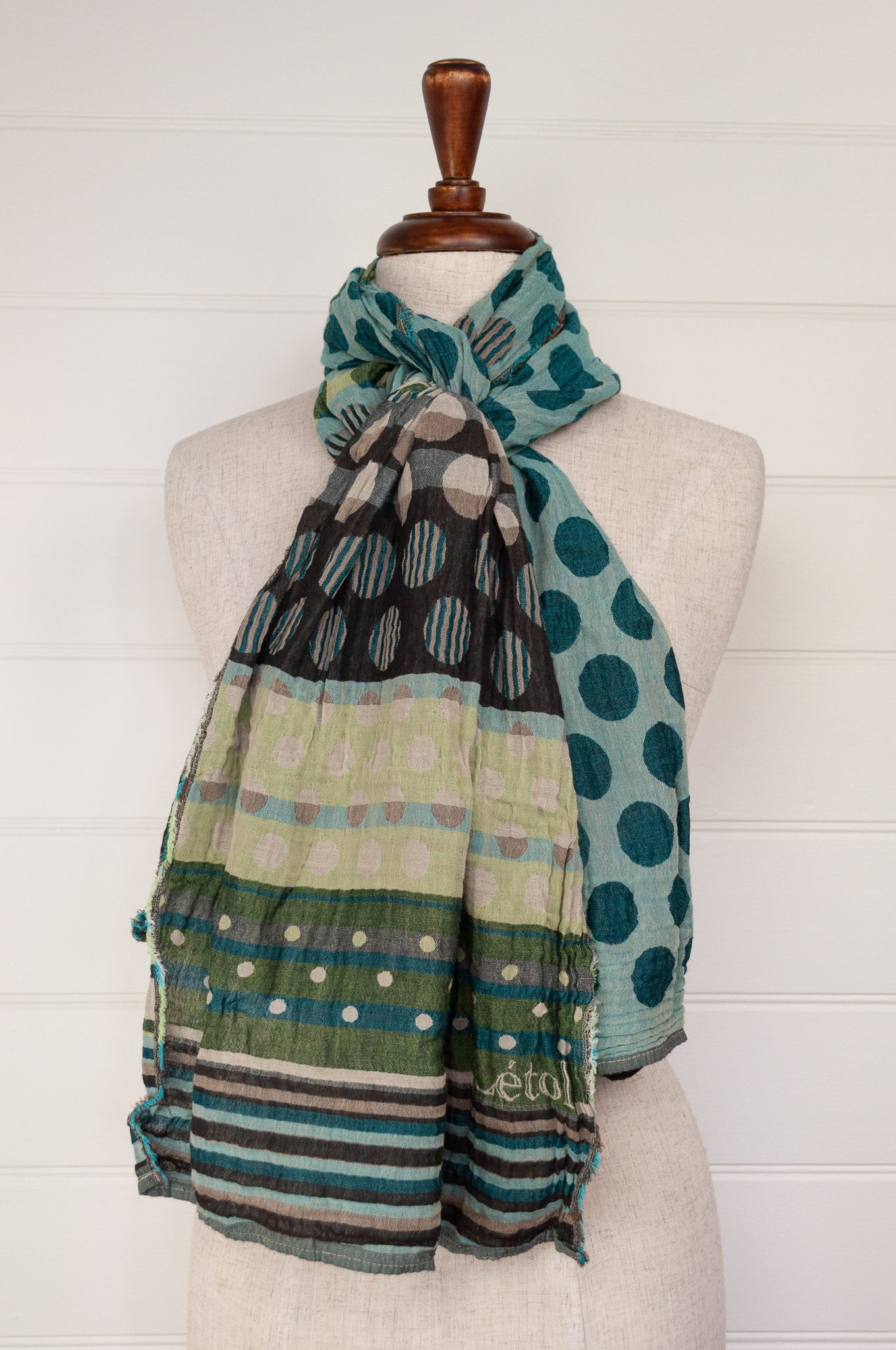 Made in France Létol organic cotton jacquard scarf,dots and stripes, in the style of Kusama, in chestnut brown and shades of turquoise with highlights in lime..