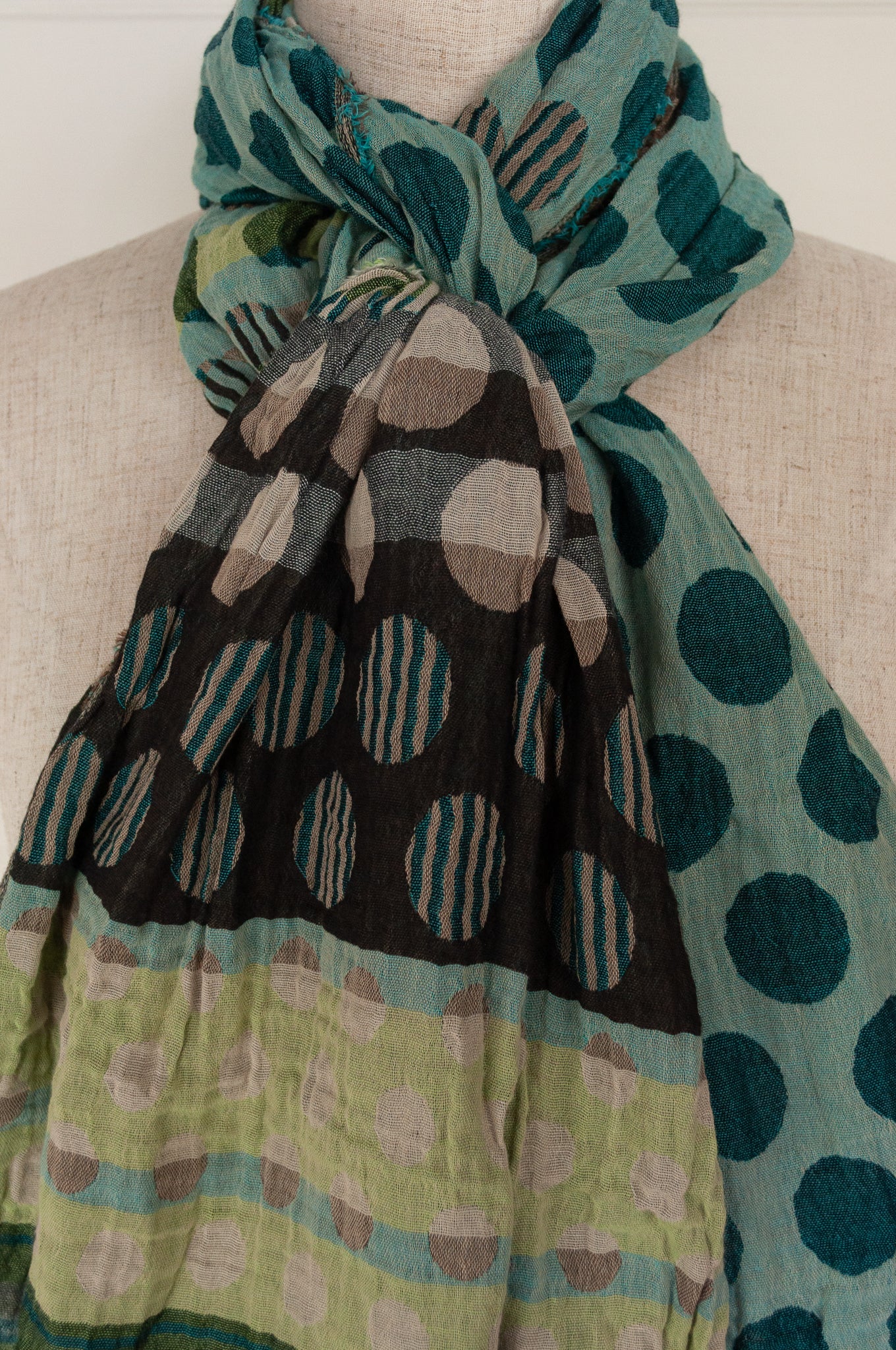Made in France Létol organic cotton jacquard scarf,dots and stripes, in the style of Kusama, in chestnut brown and shades of turquoise with highlights in lime..