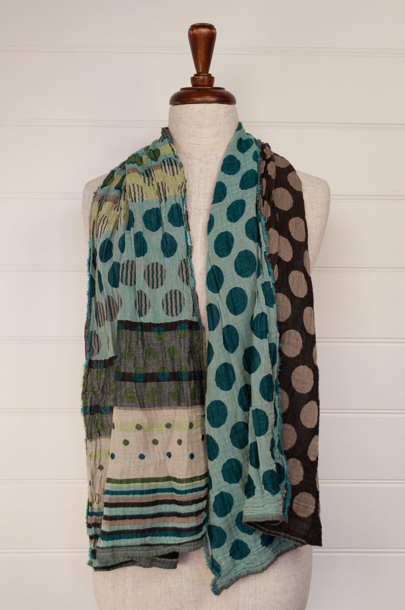 Made in France Létol organic cotton jacquard scarf,dots and stripes, in the style of Kusama, in chestnut brown and shades of turquoise with highlights in lime..