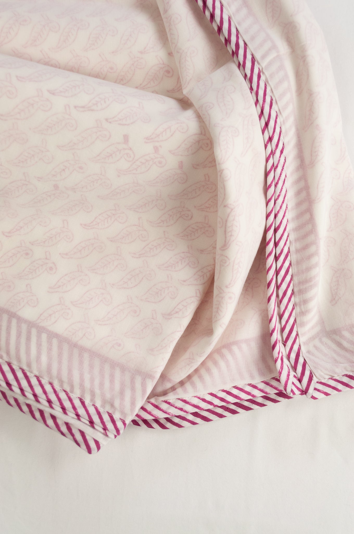 Rose pink and white leaf block print blockprint dohar lightweight muslin bedcover.