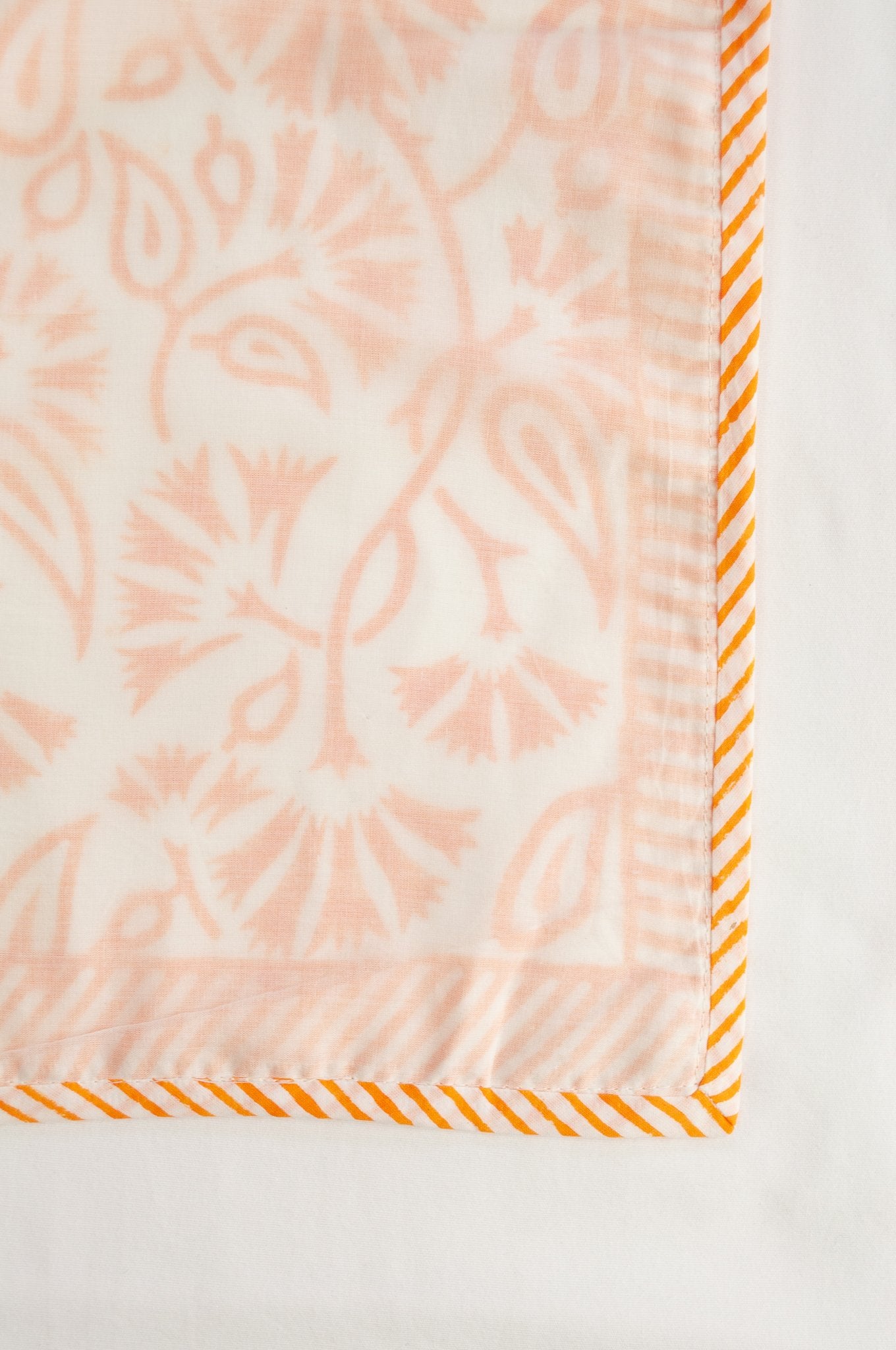 Saffron yellow and white floral block print blockprint dohar lightweight muslin bedcover.