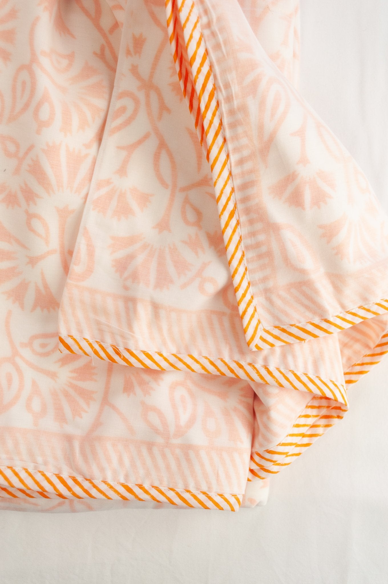Saffron yellow and white floral block print blockprint dohar lightweight muslin bedcover.