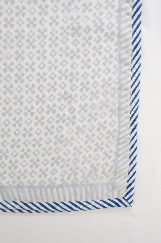 Indigo blue and white geometric jumping jack block print blockprint dohar lightweight muslin bedcover.