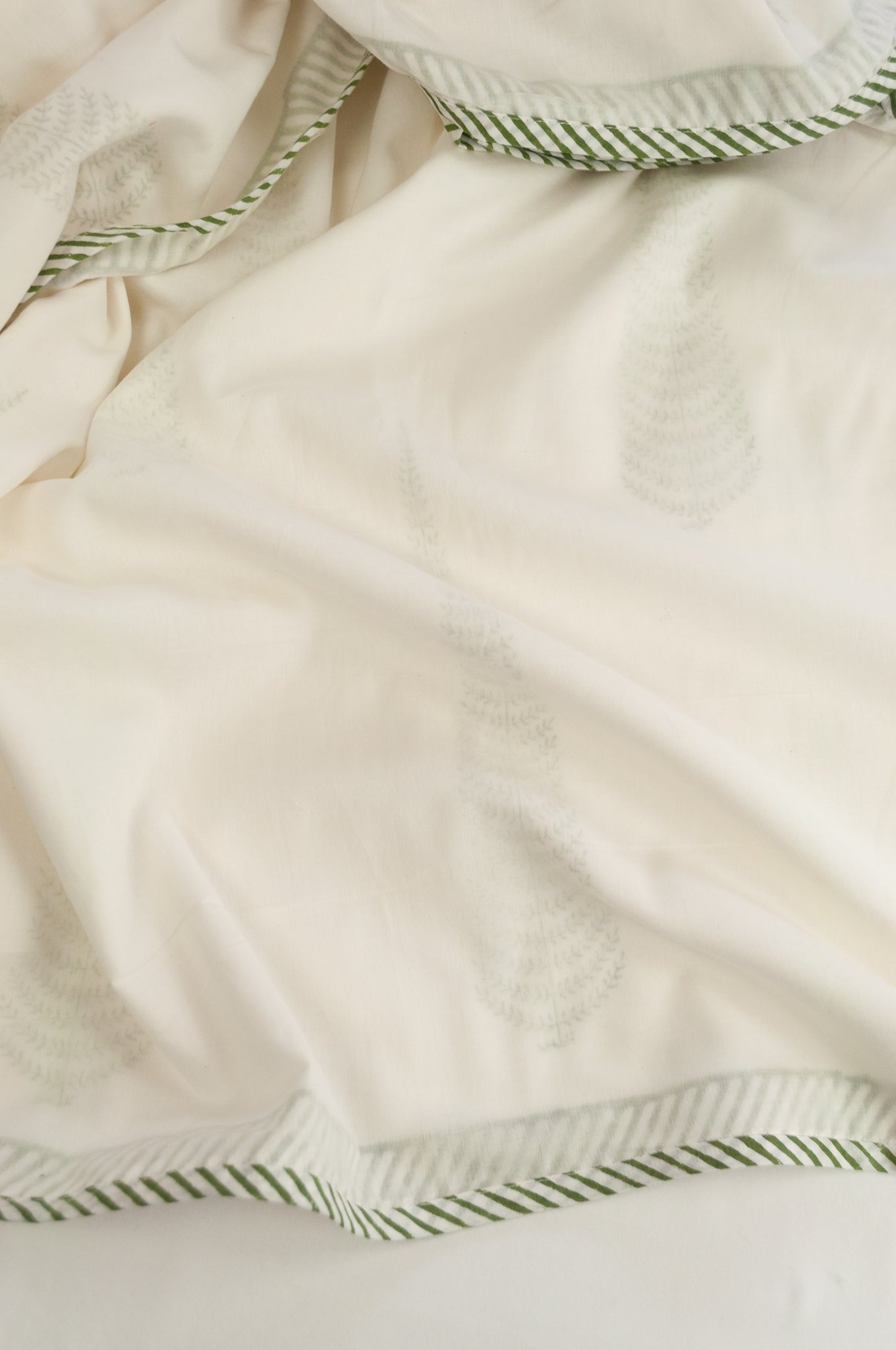 Cypress olive green trees block print blockprint dohar lightweight muslin bedcover.