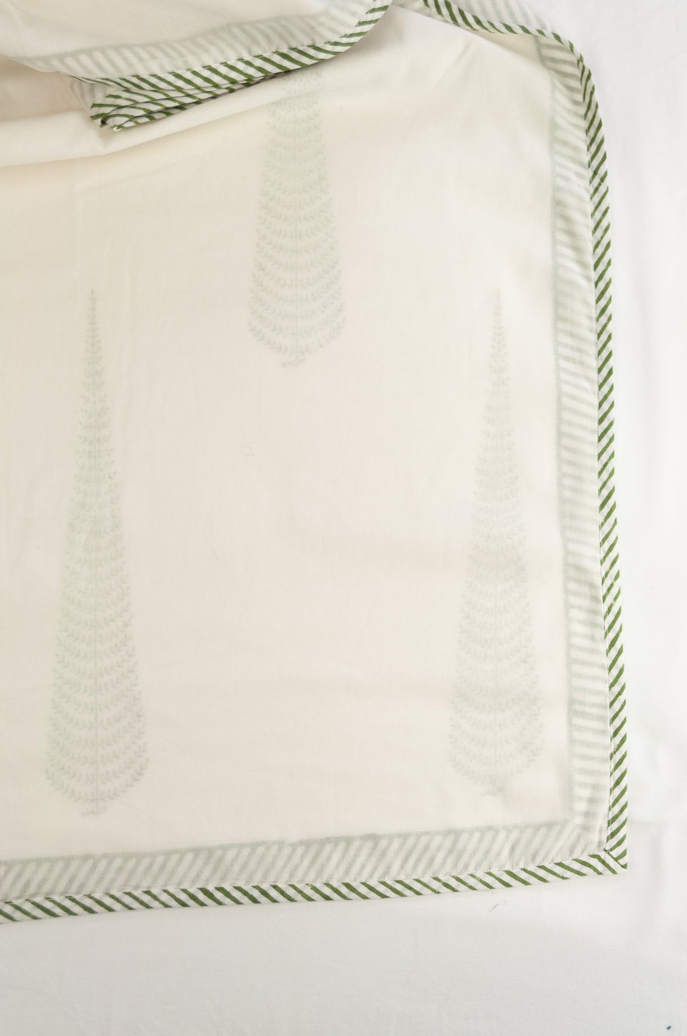 Cypress olive green trees block print blockprint dohar lightweight muslin bedcover.