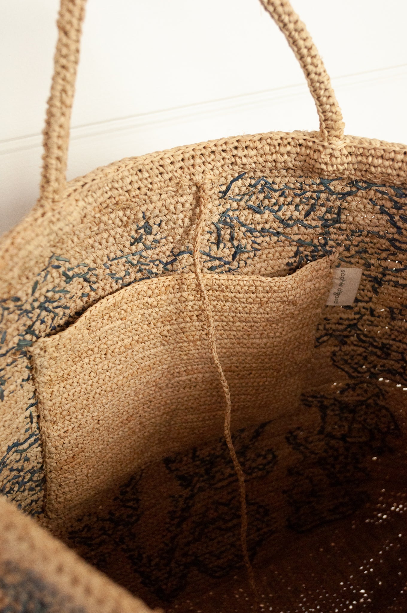 Sophie Digard crocheted raffia large square bag, teal floral embroidery on natural flax background.