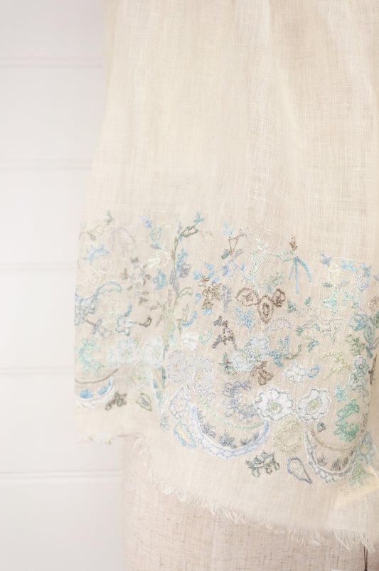 Sophie Digard embroidered linen stole Kaatje on fine ecru linen, floewrs in soft shades of blue and sage green.