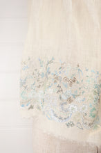 Load image into Gallery viewer, Sophie Digard embroidered linen stole Kaatje on fine ecru linen, floewrs in soft shades of blue and sage green.